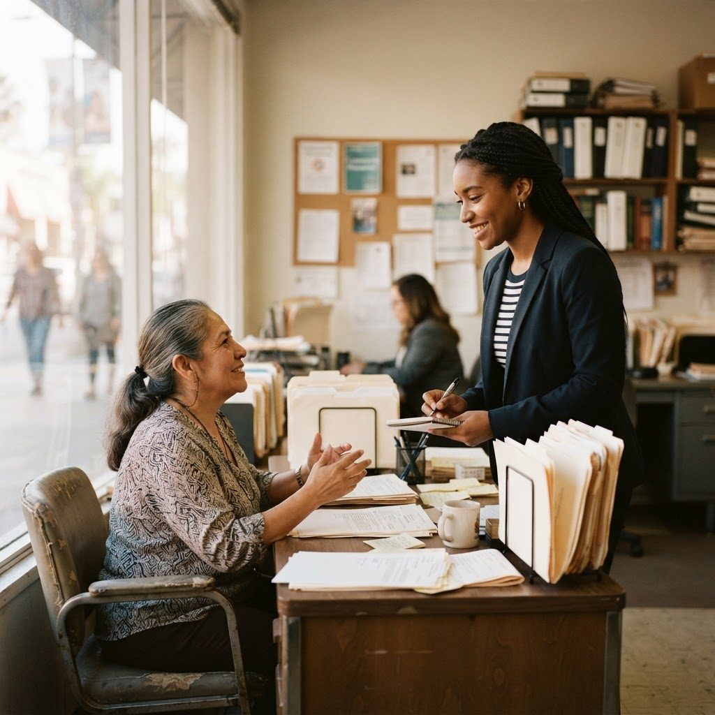 A law student meets with a client across a desk in a small community legal aid office, warm afternoon light through the window.
